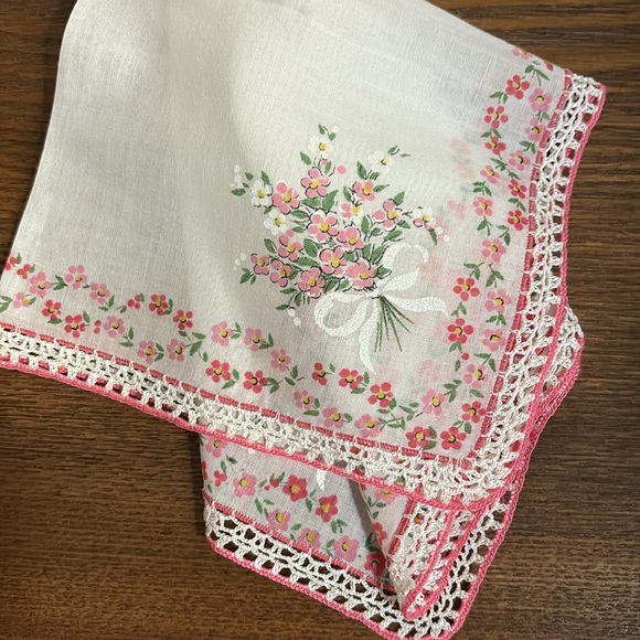 Floral Handkerchief with Pink and White crochet trim Accents - Picture 1 of 3